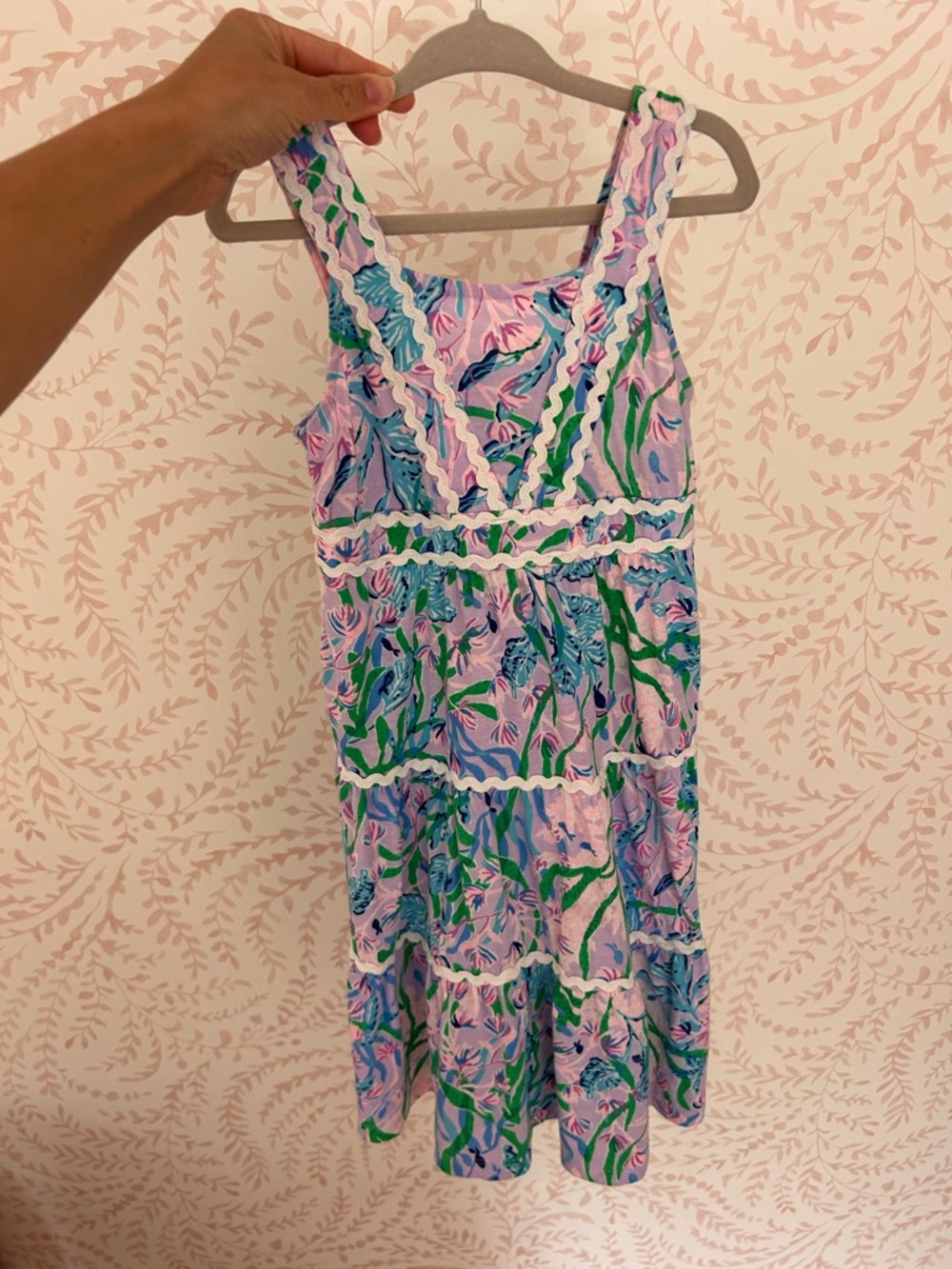 Sleeveless Floral Ruffle Sundress in Lavender, Green & Pink